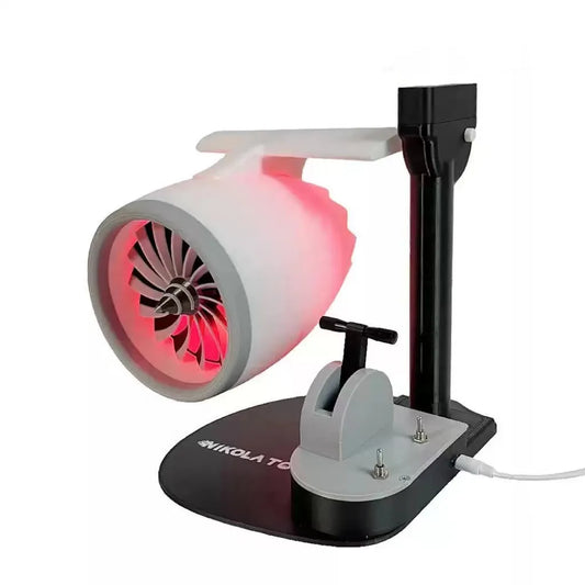 Jet Fan Humidifier with engine-inspired design and built-in sprayer, showing adjustable wind speed feature.